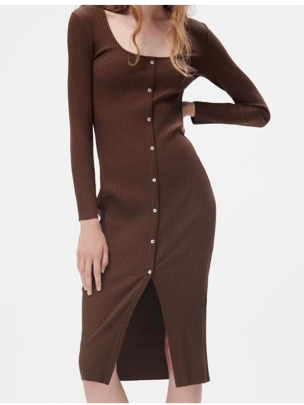 ZARA Brown Ribbed Knit Button Front Long Sleeve Midi Dress Size Large